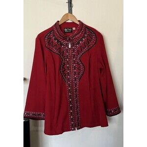 Bob Mackie Red Tribal Embroidered Full Zip Velvety Light Weight Jacket Size 1X
